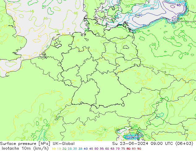 Isotachs (kph) UK-Global Su 23.06.2024 09 UTC