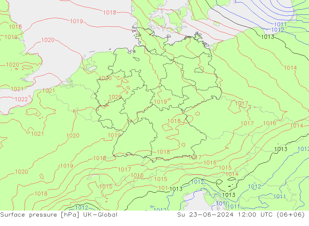 Luchtdruk (Grond) UK-Global zo 23.06.2024 12 UTC