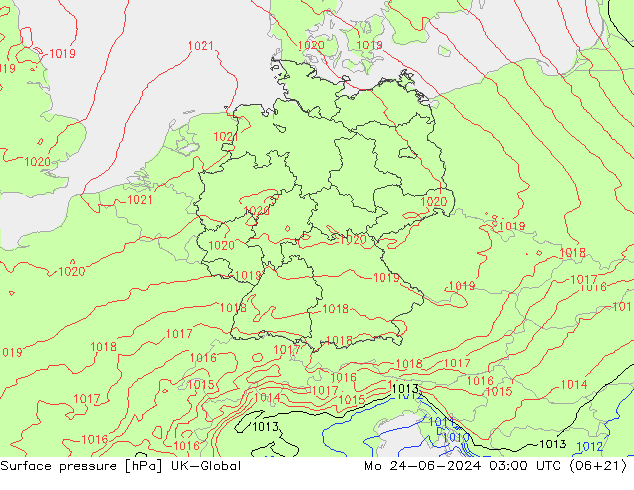 Atmosférický tlak UK-Global Po 24.06.2024 03 UTC