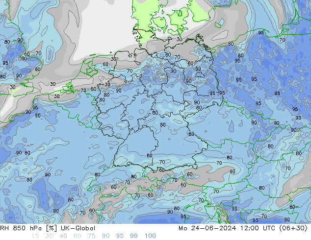 RH 850 гПа UK-Global пн 24.06.2024 12 UTC