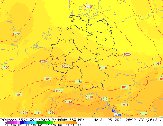Espesor 850-1000 hPa UK-Global lun 24.06.2024 06 UTC