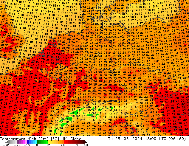 température 2m max UK-Global mar 25.06.2024 18 UTC