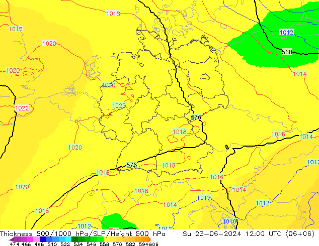 Thck 500-1000hPa UK-Global 星期日 23.06.2024 12 UTC