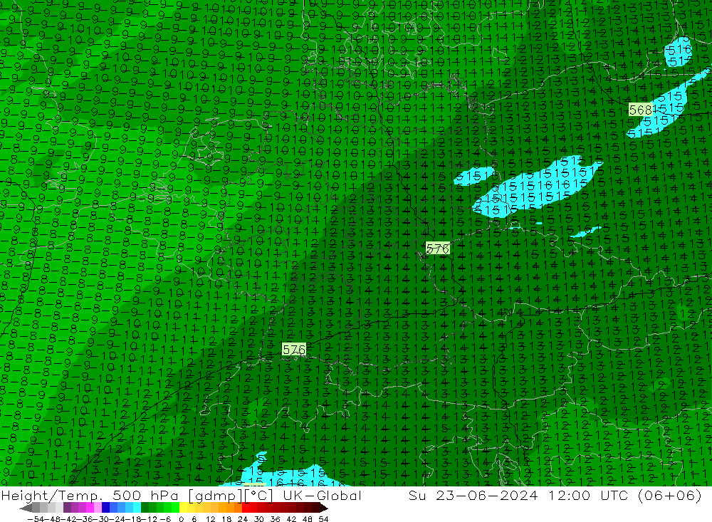 Height/Temp. 500 hPa UK-Global 星期日 23.06.2024 12 UTC