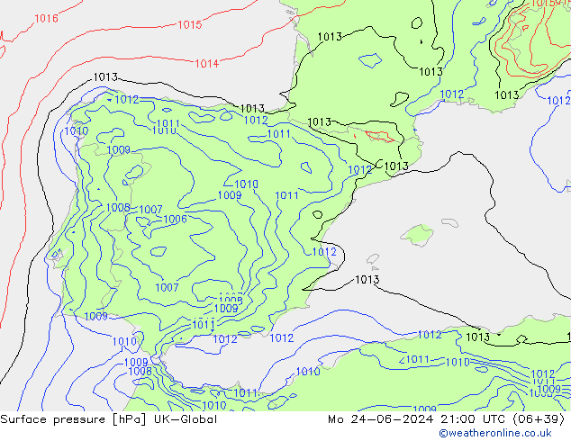 Surface pressure UK-Global Mo 24.06.2024 21 UTC