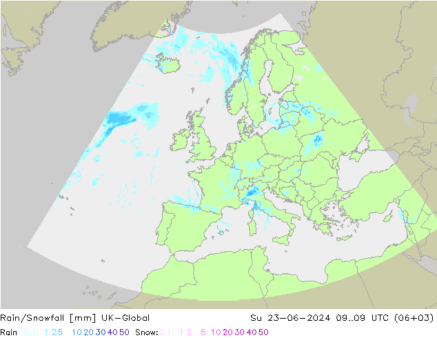 Rain/Snowfall UK-Global 星期日 23.06.2024 09 UTC