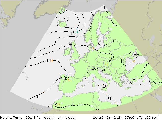 Height/Temp. 950 hPa UK-Global 星期日 23.06.2024 07 UTC