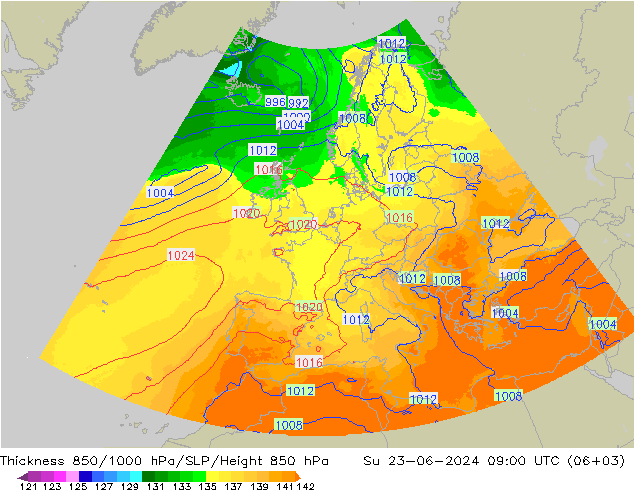 Thck 850-1000 hPa UK-Global 星期日 23.06.2024 09 UTC