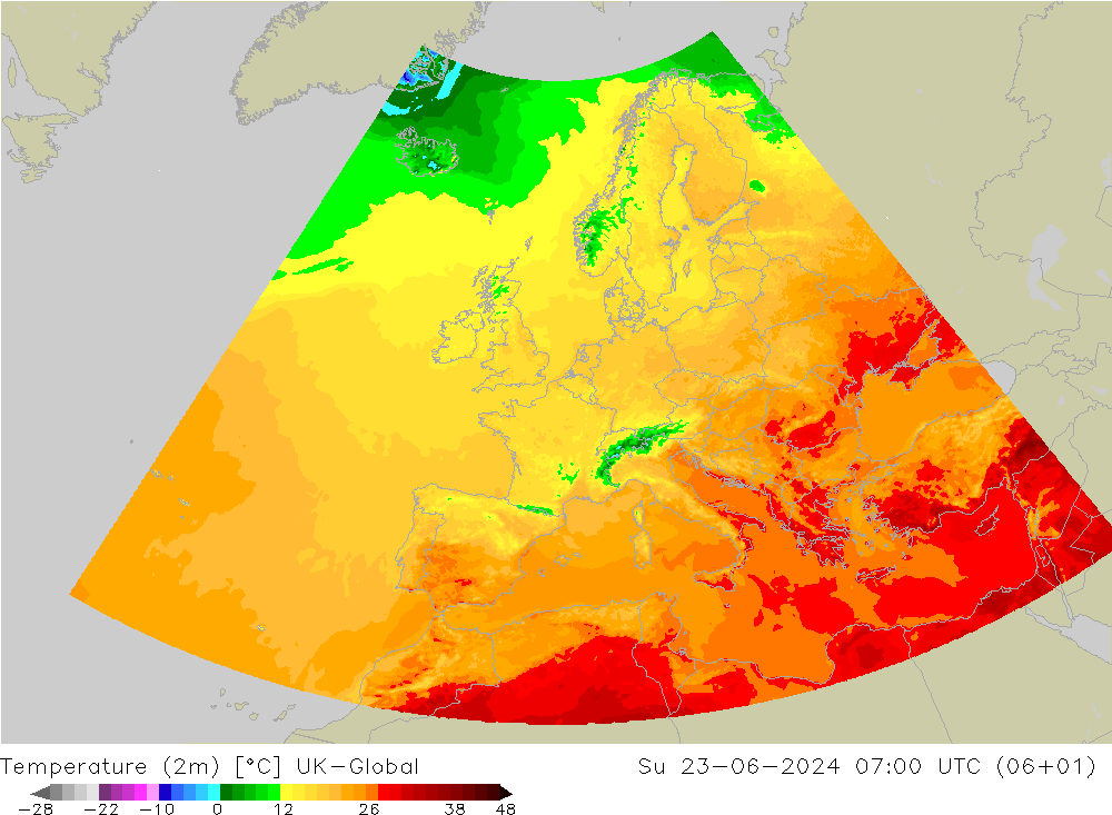 Temperatuurkaart (2m) UK-Global zo 23.06.2024 07 UTC