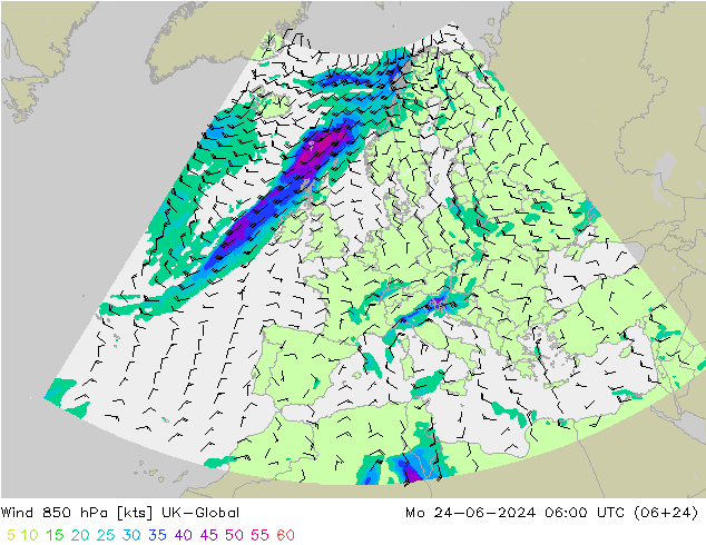 Wind 850 hPa UK-Global Po 24.06.2024 06 UTC