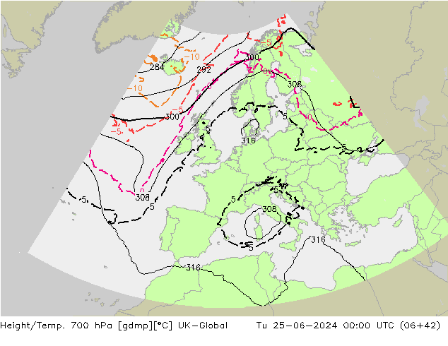 Height/Temp. 700 hPa UK-Global Di 25.06.2024 00 UTC