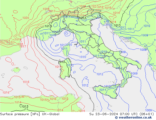 Atmosférický tlak UK-Global Ne 23.06.2024 07 UTC