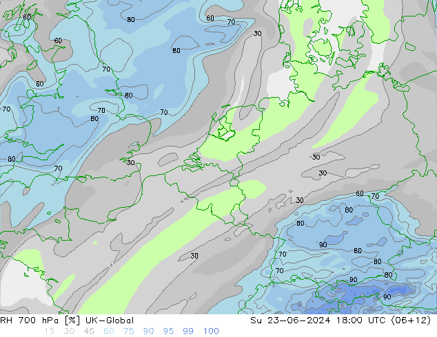 Humidité rel. 700 hPa UK-Global dim 23.06.2024 18 UTC