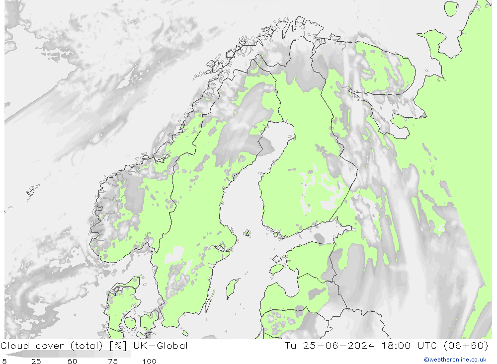 Bewolking (Totaal) UK-Global di 25.06.2024 18 UTC