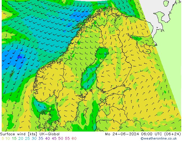 Surface wind UK-Global Mo 24.06.2024 06 UTC