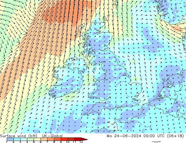 Vent 10 m (bft) UK-Global lun 24.06.2024 00 UTC