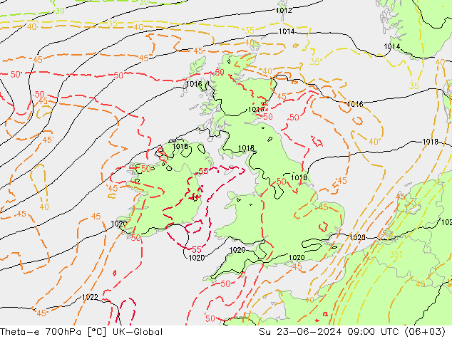 Theta-e 700hPa UK-Global nie. 23.06.2024 09 UTC