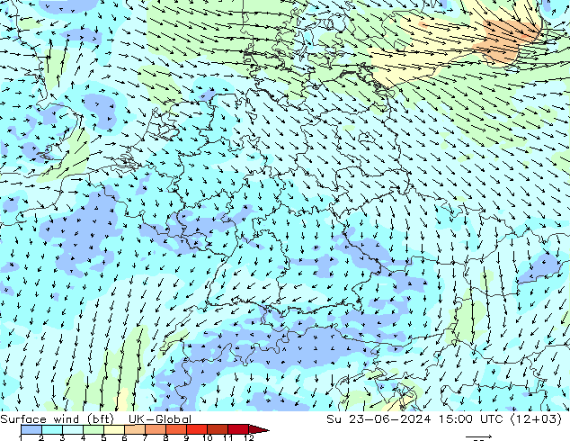 Surface wind (bft) UK-Global Ne 23.06.2024 15 UTC
