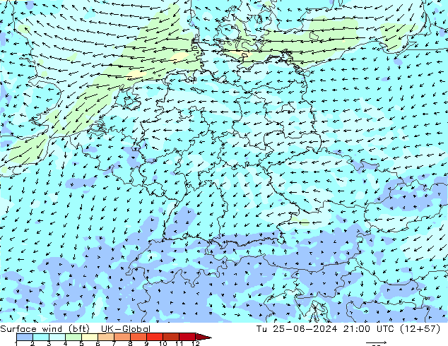 Viento 10 m (bft) UK-Global mar 25.06.2024 21 UTC