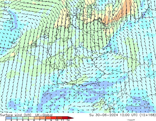 Viento 10 m (bft) UK-Global dom 30.06.2024 12 UTC