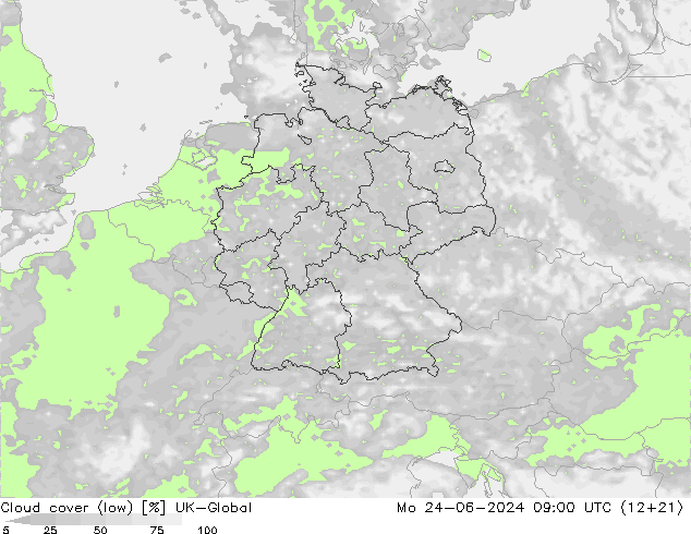 Cloud cover (low) UK-Global Mo 24.06.2024 09 UTC