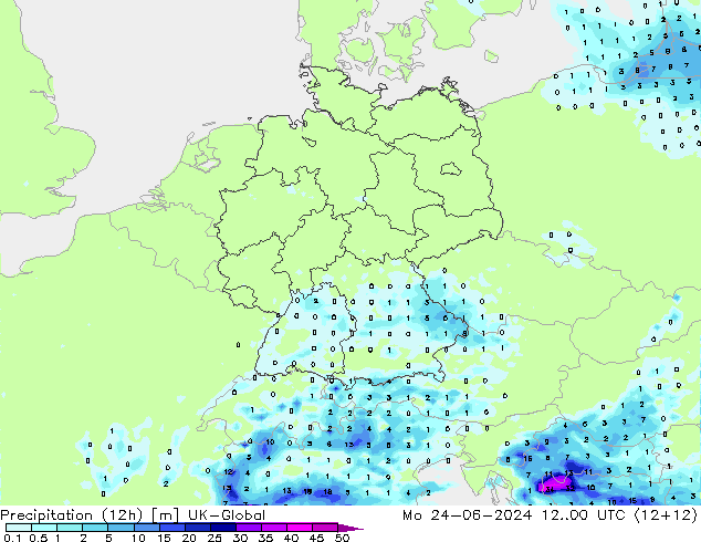 Totale neerslag (12h) UK-Global ma 24.06.2024 00 UTC