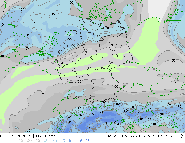 RH 700 hPa UK-Global Mo 24.06.2024 09 UTC