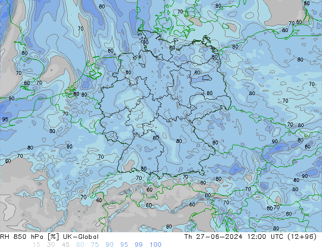 RH 850 hPa UK-Global czw. 27.06.2024 12 UTC