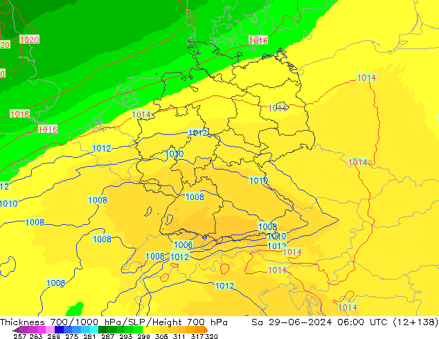 Thck 700-1000 hPa UK-Global so. 29.06.2024 06 UTC