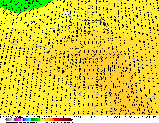 Height/Temp. 700 hPa UK-Global Sa 29.06.2024 18 UTC