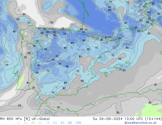 Humidité rel. 850 hPa UK-Global sam 29.06.2024 12 UTC