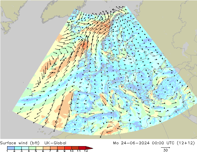 Wind 10 m (bft) UK-Global ma 24.06.2024 00 UTC