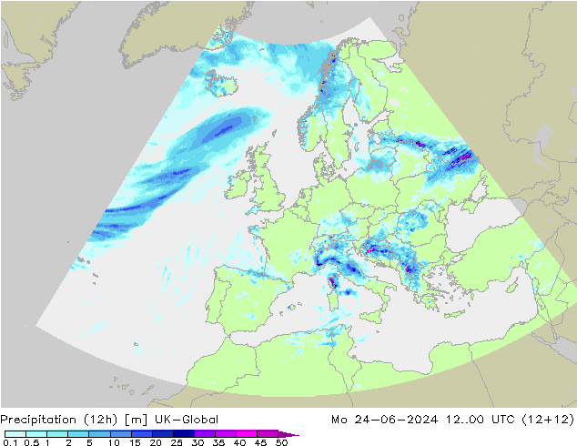 Totale neerslag (12h) UK-Global ma 24.06.2024 00 UTC