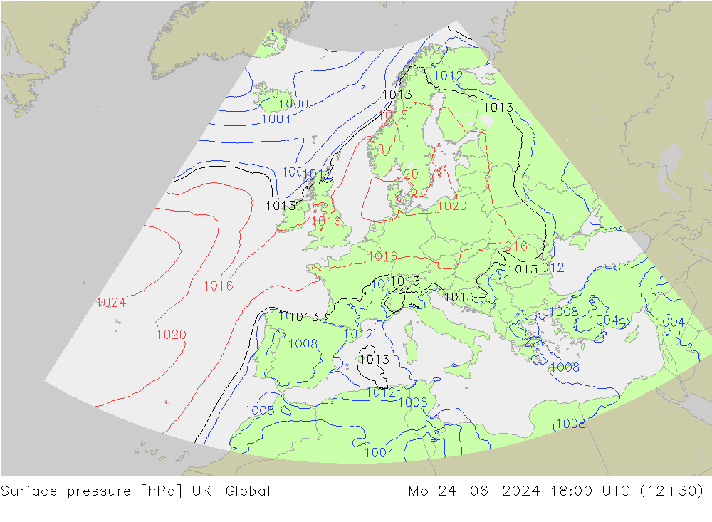 Surface pressure UK-Global Mo 24.06.2024 18 UTC