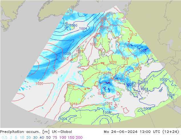 Precipitation accum. UK-Global 星期一 24.06.2024 12 UTC