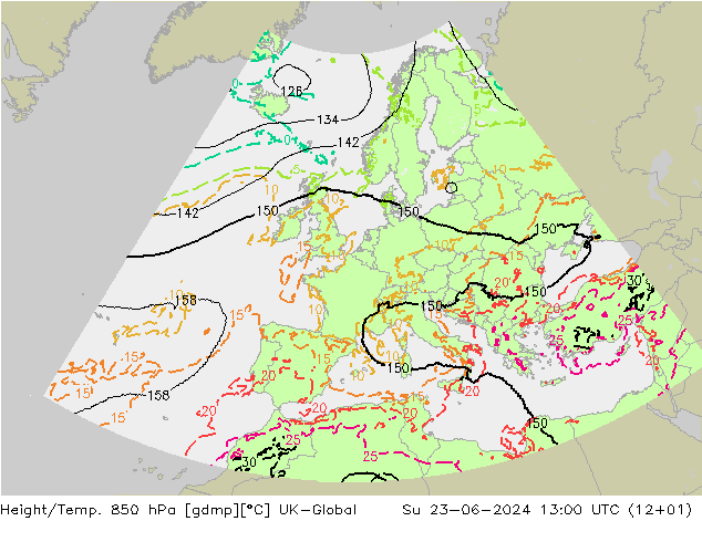 Height/Temp. 850 hPa UK-Global Su 23.06.2024 13 UTC