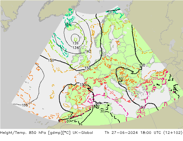 Height/Temp. 850 hPa UK-Global 星期四 27.06.2024 18 UTC