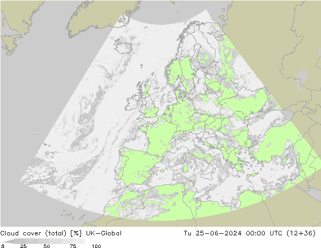 Cloud cover (total) UK-Global Út 25.06.2024 00 UTC