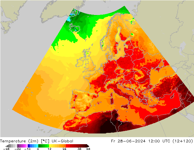 Temperature (2m) UK-Global Fr 28.06.2024 12 UTC