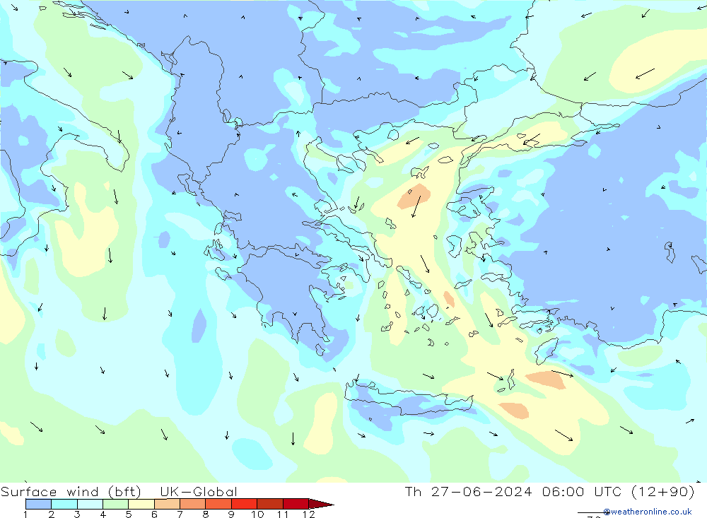 Wind 10 m (bft) UK-Global do 27.06.2024 06 UTC