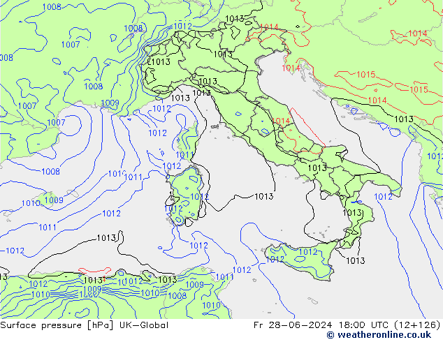 Pressione al suolo UK-Global ven 28.06.2024 18 UTC