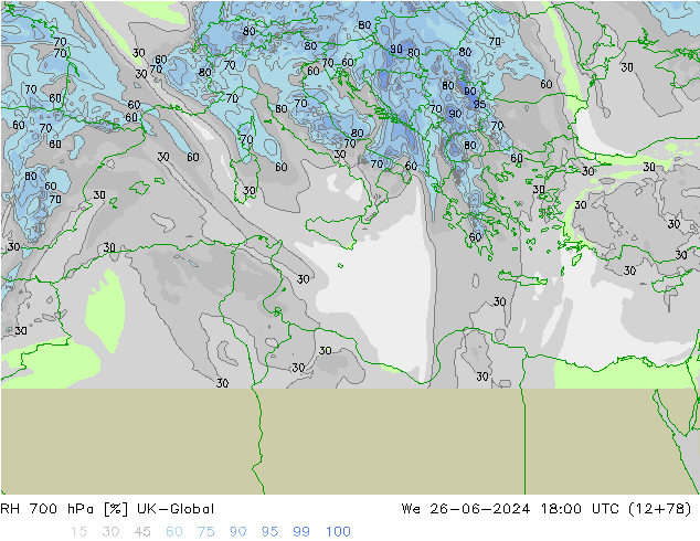 RH 700 hPa UK-Global We 26.06.2024 18 UTC