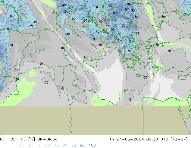 RH 700 hPa UK-Global czw. 27.06.2024 00 UTC