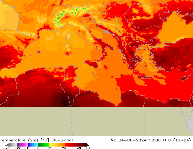 mapa temperatury (2m) UK-Global pon. 24.06.2024 12 UTC