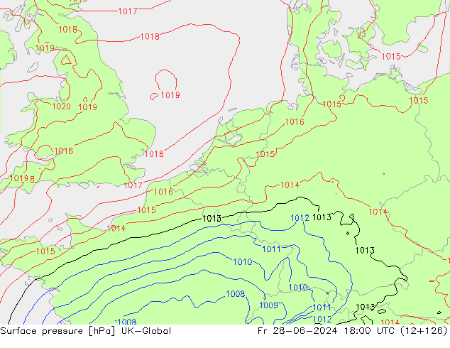 Pressione al suolo UK-Global ven 28.06.2024 18 UTC
