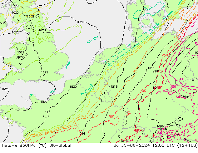 Theta-e 850hPa UK-Global dim 30.06.2024 12 UTC