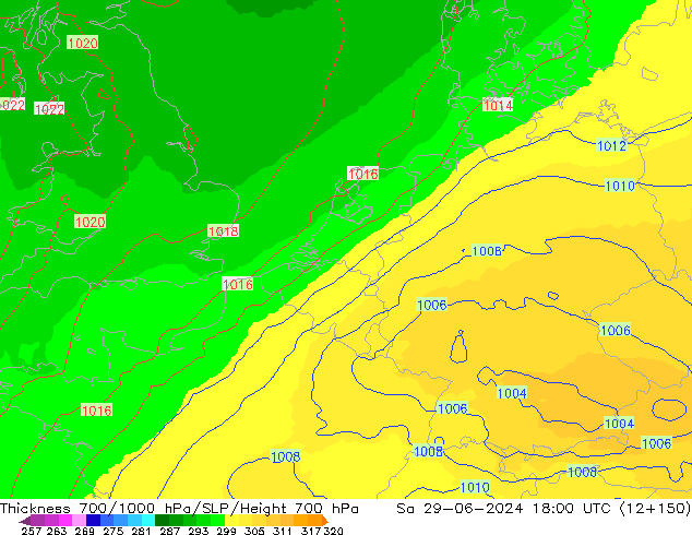 Thck 700-1000 гПа UK-Global сб 29.06.2024 18 UTC