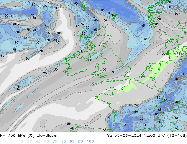 Humedad rel. 700hPa UK-Global dom 30.06.2024 12 UTC