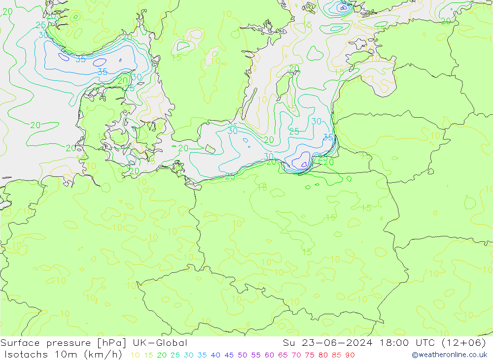 Isotachs (kph) UK-Global Su 23.06.2024 18 UTC