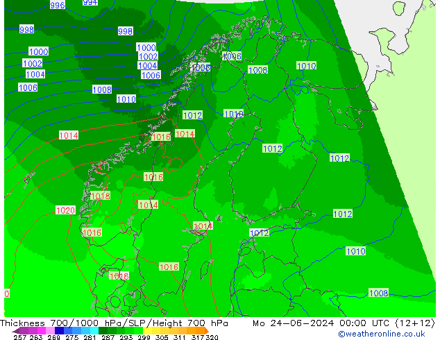 Schichtdicke 700-1000 hPa UK-Global Mo 24.06.2024 00 UTC